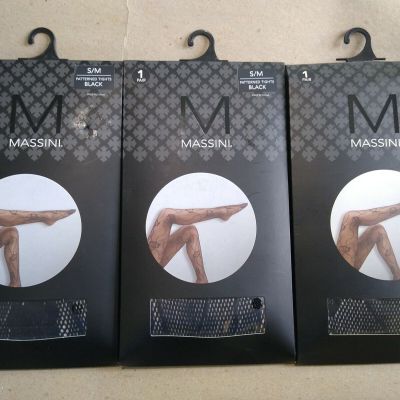 Lot of 3 Massini Black PATTERNED TIGHTS~Black~New In Package~Women's S/M